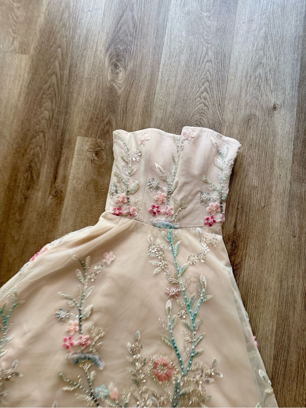 helsi tan cream & pink 3d floral applique sequin strapless maxi gown dress XS - Picture 4 of 5